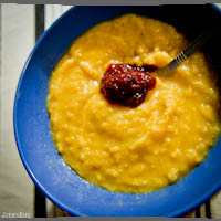 Yellow split pea soup with tomato and merlot jam